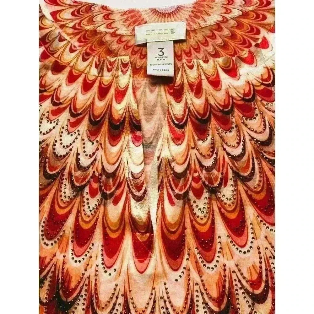 Chicos 3 top v neck 3/4 raglan sleeves rhinestones artsy Made in USA orange - Picture 3 of 6